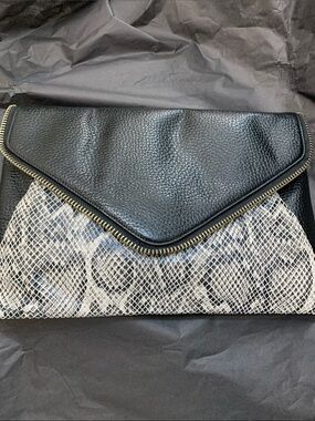 Halogen Leather Black and White Snake-Print Envelope Clutch